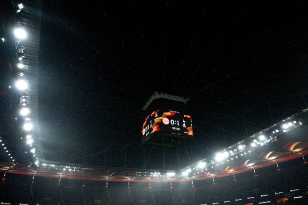 Anzeigetafel, Endergebnis, Spielstand, 0:1 GER, Eintracht Frankfurt vs. Tottenham Hotspur, Fussball, UEFA Europa League, Viertelfinale, Saison 2024 2025, 17.04.2025. GER, Eintracht Frankfurt vs. Tottenham Hotspur, Fussball, UEFA Europa League, Viertelfinale, Saison 2024 2025, 17.04.2025. Frankfurt Copyright: xEibner-Pressefoto FlorianxWiegandx EP_FWD