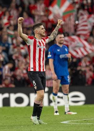 Oihan Sancet of Athletic Bilbao celebrates scoring his sides first goal during the UEFA Europa League Quarter-Final Second Leg match at Estadio de San Mames, Bilbao. Athletic Bilbao v Rangers, UEFA Europa League, Quarter Final, First Leg, Football, Estadio de San Mams, Bilbao, Spain - 17 Apr 2025 EDITORIAL USE ONLY No use with unauthorised audio, video, data, fixture lists, club league logos or live services. Online in-match use limited to 120 images, no video emulation. No use in betting, games or single club league player publications. Copyright: xNickerson RangersxF Shutterstockx 15256553de