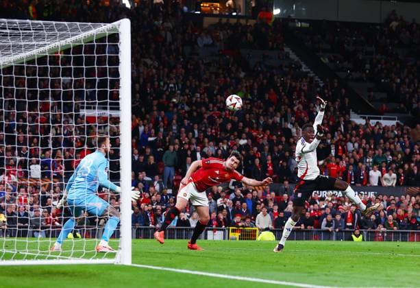 Harry Maguire of Manchester United, ManU scores a goal to make it 5-4 Manchester United v Olympique Lyonnais, UEFA Europa League, Quarter Final, Second Leg, Football, Old Trafford, Manchester, UK - 17 Apr 2025 EDITORIAL USE ONLY No use with unauthorised audio, video, data, fixture lists, club league logos or live services. Online in-match use limited to 120 images, no video emulation. No use in betting, games or single club league player publications. Copyright: xMattxWest Shutterstockx 15253946cc