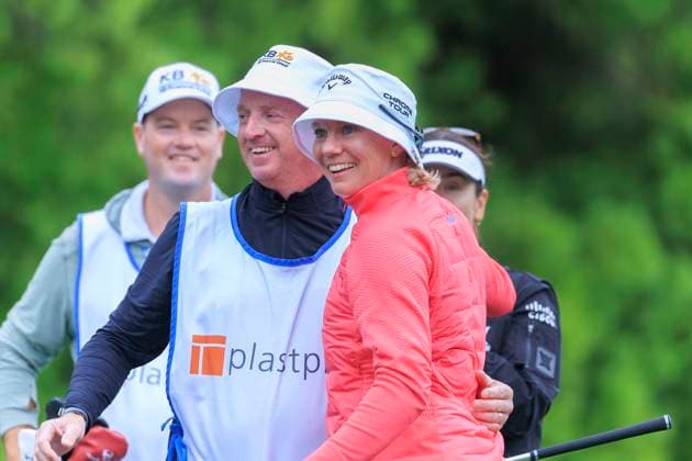 April 17, 2025, Tarzana, California, USA: Madelene Sagstrom celebrates her hole in one with her caddie during the first round of the JM Eagle LA Championship presented by Plastpro on Wednesday April 17, 2025 at El Caballero Country Club in Tarzana, California. ARIANA RUIZ PI Tarzana USA - ZUMAp124 20250417_zaa_p124_004 Copyright: xArianaxRuizx