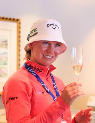 April 17, 2025, Tarzana, California, USA: Madelene SagstroÂ¶m celebrates with champagne in the media room a hole-in-one on the 9th hole to complete her round during the first round of the JM Eagle LA Championship presented by Plastpro on Thursday, April 17, 2025, at El Caballero Country Club in Tarzana, California. JAVIER ROJAS PI Tarzana USA - ZUMAp124 20250417_zaa_p124_022 Copyright: xJavierxRojasx