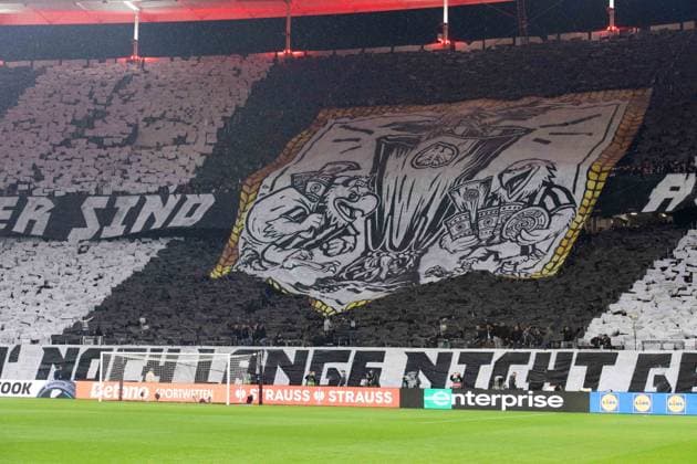 Eintracht Fans mit ihrer Choreo, Feature, Symbolfoto, Randmotiv, Fussball Europa League Eintracht Frankfurt - Tottenham Hotspur Viertelfinale, Round of 8, am 17.04.2025, DEUTSCHE BANK PARK 0-1 Â
