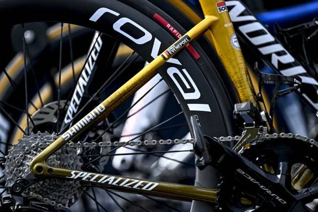 The bike of Remco Evenepoel pictured at the start of and the men s Brabantse Pijl one day cycling race, 162,5km from Huizingen, Beersel to Overijse on Friday 18 April 2025. TOM GOYVAERTS TomxGoyvaerts  x121135832x