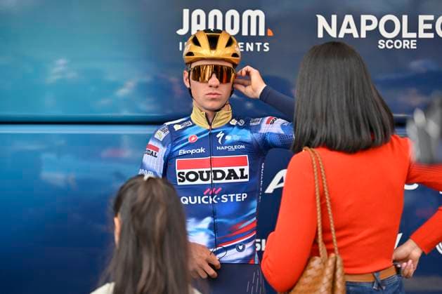 Brabantse Pijl 2025 cycling race OVERIJSE, BELGIUM - APRIL 18 : Evenepoel Remco (BEL) of Soudal - Quick Step and Oumaima Rayane pictured during the 65th edition of the Brabantse Pijl, an UCI individual Road cycling, Rad, Radsport, Strasse race with start in Beersel and finish in Overijse after 162,6 km, organized by Flanders Classics on April 18, 2025 in Overijse, Belgium, 18 04 2025 Overijse Belgium Copyright: xJanxDexMeuleneirx
