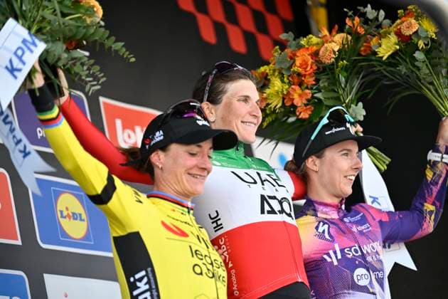 Brabantse Pijl Women 2025 cycling race OVERIJSE, BELGIUM - APRIL 18 : Vos Marianne (NED) of Team Visma I Lease a Bike, Longo Borghini Elisa (ITA) of UAE Team ADQ and Gerritse Femke (NED) of Team SD Worx - Protime pictured during the podium ceremony of the Women Elite UCI 1.Pro 65th Flanders Classics Brabantse Pijl Women cycling race with start in Beersel and finish in Overijse (125,7 km) on April 18, 2025 in Overijse, Belgium, 18 04 2025 ( Motordriver Serge Seynaeve & Overijse Belgium  Copyright: xJanxDexMeuleneirx