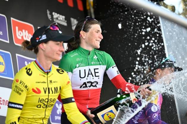Brabantse Pijl Women 2025 cycling race OVERIJSE, BELGIUM - APRIL 18 : Vos Marianne (NED) of Team Visma I Lease a Bike, Longo Borghini Elisa (ITA) of UAE Team ADQ and Gerritse Femke (NED) of Team SD Worx - Protime pictured during the podium ceremony of the Women Elite UCI 1.Pro 65th Flanders Classics Brabantse Pijl Women cycling race with start in Beersel and finish in Overijse (125,7 km) on April 18, 2025 in Overijse, Belgium, 18 04 2025 ( Motordriver Serge Seynaeve & Overijse Belgium  Copyright: xJanxDexMeuleneirx