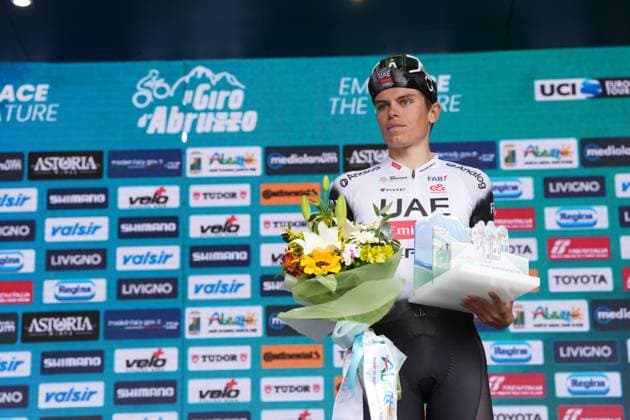 Torres Arias Pablo Of Uae Team Emirates Xrg 3rd on the podium during the Giro d™Abruzzo, final stage from Corropoli to Isola del Gran Sasso (Santuario di San Gabriele (164 km) - Abruzzo, Italy - Friday, April 18, 2025. - cycling .  Copyright: xMassimoxPaolone LaPressex