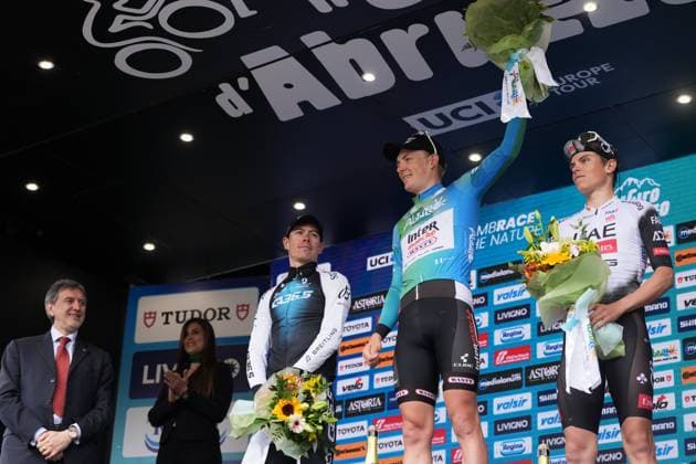 Zimmermann Georg Of IntermarchÃ - Wanty (center), De La Cruz Melgarejo David Of Q36.5 Pro Cycling Team (right) and Torres Arias Pablo Of Uae Team Emirates Xrg on the final podium after the Giro d™Abruzzo, final stage from Corropoli to Isola del Gran Sasso (Santuario di San Gabriele (164 km) - Abruzzo, Italy - Friday, April 18, 2025. - cycling ..  Copyright: xMassimoxPaolone LaPressex