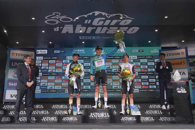 Zimmermann Georg Of IntermarchÃ - Wanty (center), De La Cruz Melgarejo David Of Q36.5 Pro Cycling Team (right) and Torres Arias Pablo Of Uae Team Emirates Xrg on the final podium after the Giro d™Abruzzo, final stage from Corropoli to Isola del Gran Sasso (Santuario di San Gabriele (164 km) - Abruzzo, Italy - Friday, April 18, 2025. - cycling .  Copyright: xMarcoxAlpozzi LaPressex