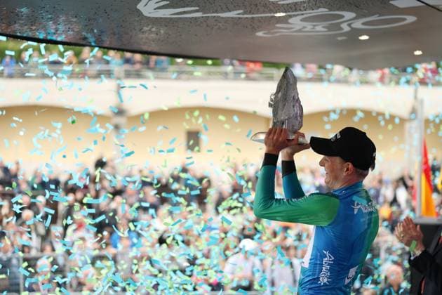 Zimmermann Georg Of IntermarchÃ - Wanty the winner on the final podium after the Giro d™Abruzzo, final stage from Corropoli to Isola del Gran Sasso (Santuario di San Gabriele (164 km) - Abruzzo, Italy - Friday, April 18, 2025. - cycling .  Copyright: xAlessandroxGarofalo LaPressex