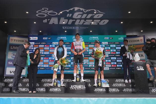 Zimmermann Georg Of IntermarchÃ - Wanty (center), De La Cruz Melgarejo David Of Q36.5 Pro Cycling Team (right) and Torres Arias Pablo Of Uae Team Emirates Xrg on the final podium after the Giro d™Abruzzo, final stage from Corropoli to Isola del Gran Sasso (Santuario di San Gabriele (164 km) - Abruzzo, Italy - Friday, April 18, 2025. - cycling .  Copyright: xMarcoxAlpozzi LaPressex