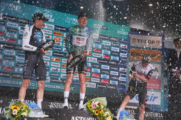 Zimmermann Georg Of IntermarchÃ - Wanty (center), De La Cruz Melgarejo David Of Q36.5 Pro Cycling Team (right) and Torres Arias Pablo Of Uae Team Emirates Xrg on the final podium after the Giro d™Abruzzo, final stage from Corropoli to Isola del Gran Sasso (Santuario di San Gabriele (164 km) - Abruzzo, Italy - Friday, April 18, 2025. - cycling .  Copyright: xMarcoxAlpozzi LaPressex