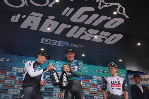 Zimmermann Georg Of IntermarchÃ - Wanty (center), De La Cruz Melgarejo David Of Q36.5 Pro Cycling Team (right) and Torres Arias Pablo Of Uae Team Emirates Xrg on the final podium after the Giro d™Abruzzo, final stage from Corropoli to Isola del Gran Sasso (Santuario di San Gabriele (164 km) - Abruzzo, Italy - Friday, April 18, 2025. - cycling .  Copyright: xMarcoxAlpozzi LaPressex