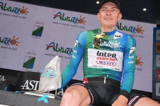 Zimmermann Georg Of IntermarchÃ - Wanty winner on the podium after the Giro d™Abruzzo, final stage from Corropoli to Isola del Gran Sasso (Santuario di San Gabriele (164 km) - Abruzzo, Italy - Friday, April 18, 2025. - cycling .  Copyright: xMarcoxAlpozzi LaPressex