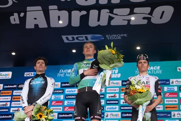 Zimmermann Georg Of IntermarchÃ - Wanty (center), De La Cruz Melgarejo David Of Q36.5 Pro Cycling Team (right) and Torres Arias Pablo Of Uae Team Emirates Xrg on the final podium after the Giro d™Abruzzo, final stage from Corropoli to Isola del Gran Sasso (Santuario di San Gabriele (164 km) - Abruzzo, Italy - Friday, April 18, 2025. - cycling  Copyright: xMassimoxPaolone LaPressex