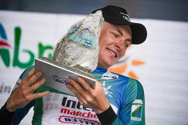 Zimmermann Georg Of IntermarchÃ - Wanty (center) on the final podium after the Giro d™Abruzzo, stage from Corropoli to Isola del Gran Sasso (Santuario di San Gabriele (164 km) - Abruzzo - Friday, April 18, 2025. - cycling .  Copyright: xMarcoxAlpozzi LaPressex