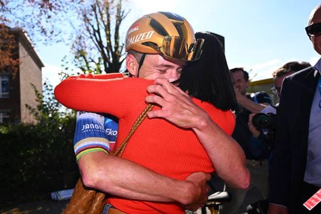 Brabantse Pijl 2025 cycling race OVERIJSE, BELGIUM - APRIL 18 : Evenepoel Remco (BEL) of Soudal - Quick Step and Oumaima Rayane (BEL) wife of Remco Evenepoel during the Men Elite UCI 1.Pro 65th Flanders Classics Brabantse Pijl cycling race with start in Beersel and finish in Overijse (175,4 km) on April 18, 2025 in Overijse, Belgium, 18 04 2025 ( Motordriver Kenny Verfaillie & Overijse Belgium  Copyright: xTomasxSiskx