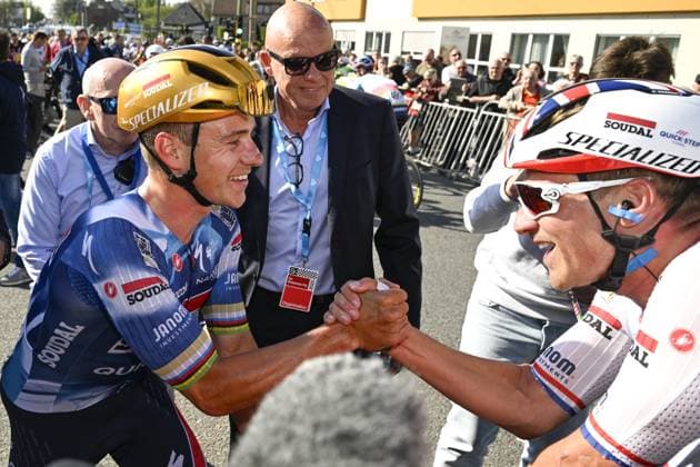 Belgian Remco Evenepoel celebrates after winning the men s Brabantse Pijl one day cycling race, 162,5km from Huizingen, Beersel to Overijse on Friday 18 April 2025. TOM GOYVAERTS TomxGoyvaerts  x121159476x