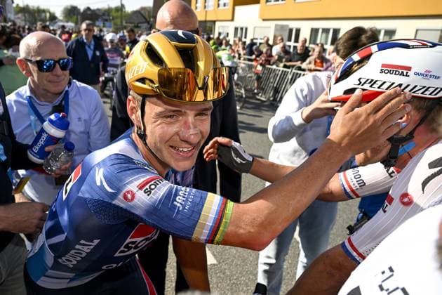 Belgian Remco Evenepoel celebrates after winning the men s Brabantse Pijl one day cycling race, 162,5km from Huizingen, Beersel to Overijse on Friday 18 April 2025. TOM GOYVAERTS TomxGoyvaerts  x121159484x