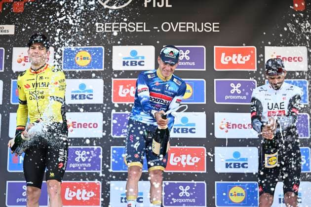 Brabantse Pijl 2025 cycling race OVERIJSE, BELGIUM - APRIL 18 : Van Aert Wout (BEL) of Team Visma - Lease a Bike, Evenepoel Remco (BEL) of Soudal - Quick Step and Morgado António (POR) of UAE Team Emirates - XRG pictured during the podium ceremony of the Men Elite UCI 1.Pro 65th Flanders Classics Brabantse Pijl cycling race with start in Beersel and finish in Overijse (175,4 km) on April 18, 2025 in Overijse, Belgium, 18 04 2025 ( Motordriver Kenny Verfaillie & Overijse Belgium  Copyright: xJanxDexMeuleneirx