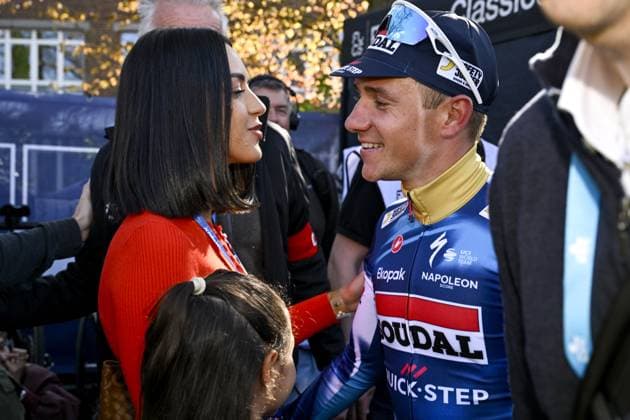 Belgian Remco Evenepoel and his wife Oumi Rayane celebrate after winning the men s Brabantse Pijl one day cycling race, 162,5km from Huizingen, Beersel to Overijse on Friday 18 April 2025. TOM GOYVAERTS TomxGoyvaerts  x121161679x