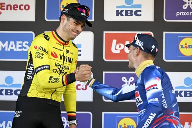 Belgian Wout van Aert of Team Visma-Lease a Bike and Belgian Remco Evenepoel of Soudal Quick-Step pictured on the podium after the men s Brabantse Pijl one day cycling race, 162,5km from Huizingen, Beersel to Overijse on Friday 18 April 2025. TOM GOYVAERTS TomxGoyvaerts  x121161881x