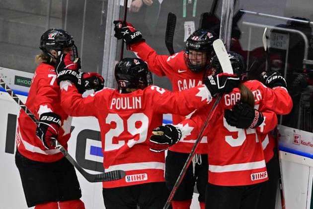 Players of Canada celebrate a goal during the Ice hockey, Eishockey IIHF WomenÂ s World Championship, WM, Weltmeisterschaft semifinal match Canada vs Finland, Ceske Budejovice, Czech Republic, April 19, 2025. (CTKxPhoto VaclavxPancer) CTKPhotoP2025041905015  CTKPhotoP2025041905015