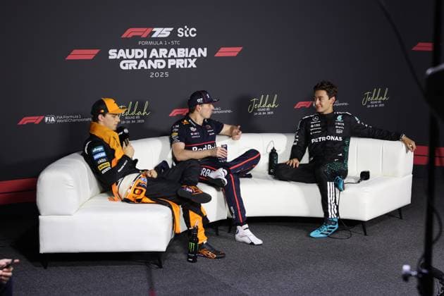F1 - SAUDI ARABIAN GRAND PRIX 2025 press conference, PK, Pressekonferenz PIASTRI Oscar (aus), McLaren F1 Team MCL39, VERSTAPPEN Max (ned), Red Bull Racing RB21, RUSSELL George (gbr), Mercedes AMG F1 Team W16, portrait during the Formula 1 STC Saudi Arabian Grand Prix 2025, 5th round of the 2025 FIA Formula One World Championship, WM, Weltmeisterschaft from April 18 to 20, 2025 on the Jeddah Corniche Circuit, in Jeddah, Saudi Arabia - JeddahSaudi Arabia Copyright: xANTONINxVINCENTx