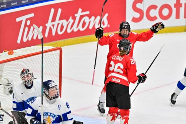 Emily Clark and Blayre Turnbull of Canada celebrate their side s fifth goal during the Ice hockey, Eishockey IIHF WomenÂ s World Championship, WM, Weltmeisterschaft semifinal match Canada vs Finland, Ceske Budejovice, Czech Republic, April 19, 2025. (CTKxPhoto VaclavxPancer) CTKPhotoP2025041905732  CTKPhotoP2025041905732