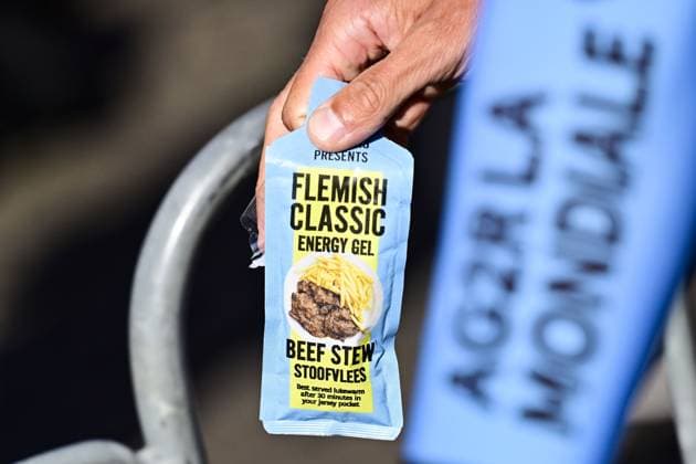 An energy gel with beef stew flavour pictured at the start of the men elite Amstel Gold Race one day cycling race, 255,9 km from Maastricht to Valkenburg, The Netherlands, Sunday 20 April 2025. DIRKxWAEM  x121299159x