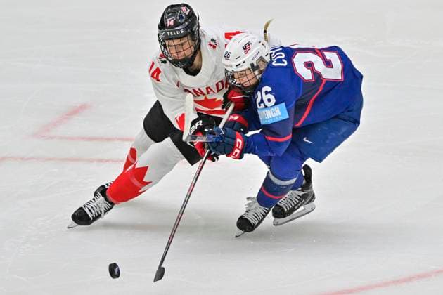 Renata Fast of Canada, left, and Kendall Coyne Schofield of USA in action during the Ice hockey, Eishockey IIHF WomenÂ s World Championship, WM, Weltmeisterschaft the gold medal match USA vs Canada, Ceske Budejovice, Czech Republic, April 20, 2025. (CTKxPhoto VaclavxPancer) CTKPhotoP2025042004431  CTKPhotoP2025042004431