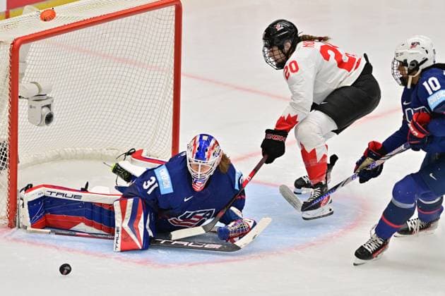 (L-R) Goalkeeper Aerin Frankel of USA, Sarah Nurse of Canada and Laila Edwards of USA in action during the Ice hockey, Eishockey IIHF WomenÂ s World Championship, WM, Weltmeisterschaft the gold medal match USA vs Canada, Ceske Budejovice, Czech Republic, April 20, 2025. (CTKxPhoto VaclavxPancer) CTKPhotoP2025042004536  CTKPhotoP2025042004536