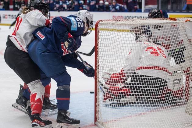 (L-R) Sarah Nurse of Canada, Tessa Janecke of USA, goalkeeper Ann-Renee Desbiens of Canada and Sarah Fillier of Canada in action during the Ice hockey, Eishockey IIHF WomenÂ s World Championship, WM, Weltmeisterschaft the gold medal match USA vs Canada, Ceske Budejovice, Czech Republic, April 20, 2025. (CTKxPhoto PetrxSkrivanek) CTKPhotoP2025042004850  CTKPhotoP2025042004850