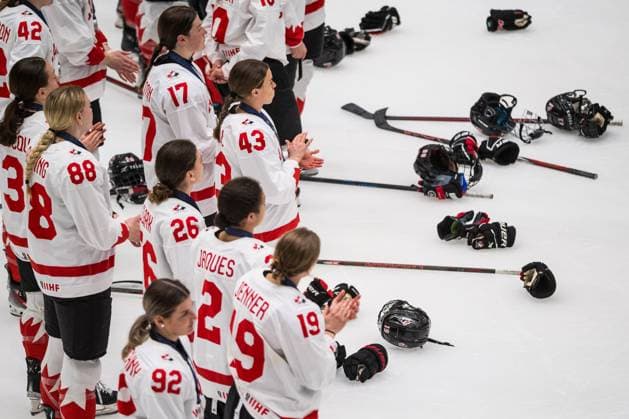 Players of Canada react disappointed after the Ice hockey, Eishockey IIHF WomenÂ s World Championship, WM, Weltmeisterschaft the gold medal match USA vs Canada, Ceske Budejovice, Czech Republic, April 20, 2025. (CTKxPhoto PetrxSkrivanek) CTKPhotoP2025042005695  CTKPhotoP2025042005695
