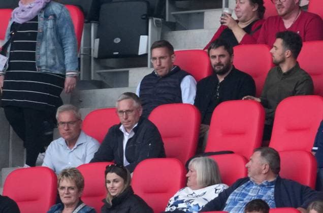 19.04.2025, Europa-Park-Stadion, Freiburg, GER, 1.FBL, SC Freiburg vs TSG Hoffenheim , im Bild Vorsitzender Geschäftsführung Dr. Markus Schütz (Hoffenheim), Geschäftsführer Finanzen Frank Briel (Hoffenheim), Geschäftsführer Finanzen Tim Jost (Hoffenheim) DFL regulations prohibit any use of photographs as image sequences and or quasi-video. (Photo by Hasan Bratic DeFodi Images)