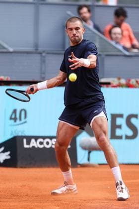 April 21, 2025, Madrid, Madrid, SPAIN: Borna Coric of Croatia in action against Otto Virtanen of Finland during the Mutua Madrid Open 2025, ATP, Tennis Herren Masters 1000 and WTA, Tennis Damen 1000, tennis tournament celebrated at Caja Magica on April 21, 2025 in Madrid, Spain. Madrid SPAIN - ZUMAa181 20250421_zaa_a181_091 Copyright: xIrinaxR.xHipolitox