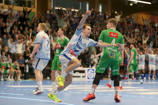 21.04.2025, Herren, Handball, Saison 2024 2025, 2. Handball-Bundesliga, 28. Spieltag: TV Grosswallstadt - TSV GWD Minden Maxim Schalles ( 87, TV Grosswallstadt) jubelt ueber das 39:36 (Endstand) Elsenfeld Untermainhalle Bayern Deutschland