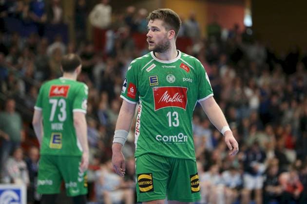 21.04.2025, Herren, Handball, Saison 2024 2025, 2. Handball-Bundesliga, 28. Spieltag: TV Grosswallstadt - TSV GWD Minden Alexander Weck ( 73, GWD Minden), Ian Weber ( 13, GWD Minden) Elsenfeld Untermainhalle Bayern Deutschland