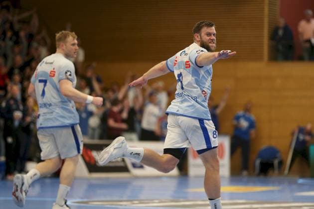 21.04.2025, Herren, Handball, Saison 2024 2025, 2. Handball-Bundesliga, 28. Spieltag: TV Grosswallstadt - TSV GWD Minden Patrick Gempp ( 7, TV Grosswallstadt), Florian Eisentraeger ( 8, TV Grosswallstadt) Elsenfeld Untermainhalle Bayern Deutschland