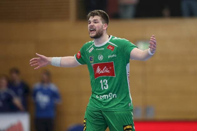 21.04.2025, Herren, Handball, Saison 2024 2025, 2. Handball-Bundesliga, 28. Spieltag: TV Grosswallstadt - TSV GWD Minden Ian Weber ( 13, GWD Minden) hadert, ist bedient Elsenfeld Untermainhalle Bayern Deutschland