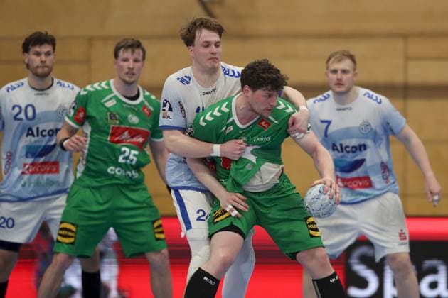 21.04.2025, Herren, Handball, Saison 2024 2025, 2. Handball-Bundesliga, 28. Spieltag: TV Grosswallstadt - TSV GWD Minden Ben Connar Battermann ( 24, TV Grosswallstadt) und Philipp Vorlicek ( 22, GWD Minden) Elsenfeld Untermainhalle Bayern Deutschland