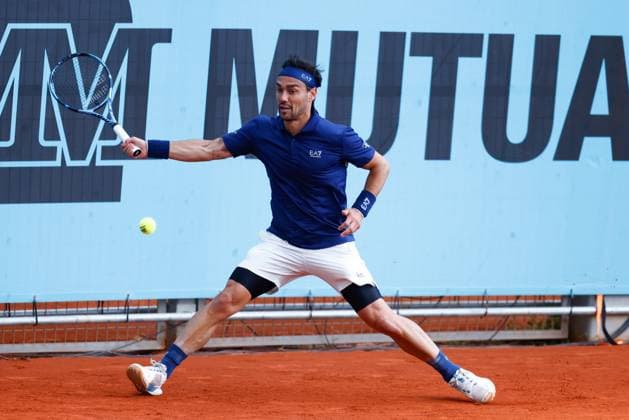 April 22, 2025, Madrid, Madrid, SPAIN: Fabio Fognini of Italy in action against Rinky Hijikata of Australia during the Mutua Madrid Open 2025, ATP, Tennis Herren Masters 1000 and WTA, Tennis Damen 1000, tennis tournament celebrated at Caja Magica on April 22, 2025 in Madrid, Spain. Madrid SPAIN - ZUMAa181 20250422_zaa_a181_189 Copyright: xDennisxAgyemanx