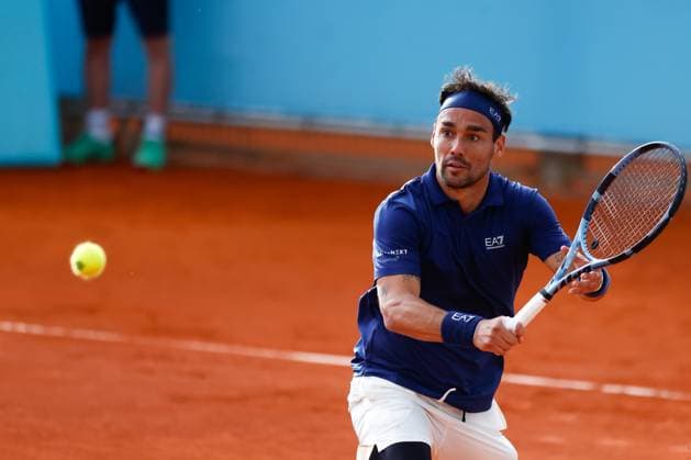 April 22, 2025, Madrid, Madrid, SPAIN: Fabio Fognini of Italy in action against Rinky Hijikata of Australia during the Mutua Madrid Open 2025, ATP, Tennis Herren Masters 1000 and WTA, Tennis Damen 1000, tennis tournament celebrated at Caja Magica on April 22, 2025 in Madrid, Spain. Madrid SPAIN - ZUMAa181 20250422_zaa_a181_194 Copyright: xDennisxAgyemanx