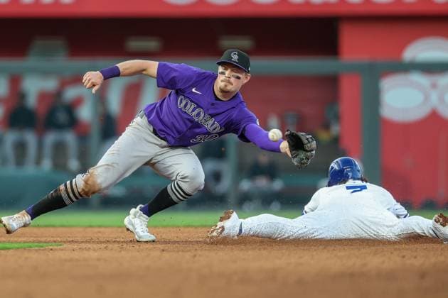 MLB, Baseball Herren, USA 2025: Rockies Vs Royals APR 22 April 22, 2025: Kansas City Royals shortstop Bobby Witt Jr. (7) beats the throw to Colorado Rockies shortstop Aaron Schunk (30) and steals second base during the fourth inning at Kauffman Stadium in Kansas City, MO. David Smith CSM (Credit Image: Â David Smith Cal Media) Kansas City Mo United States of America EDITORIAL USE ONLY Copyright: xx ZUMA-20250422_zma_c04_012.jpg DavidxSmithx csmphotothree377684