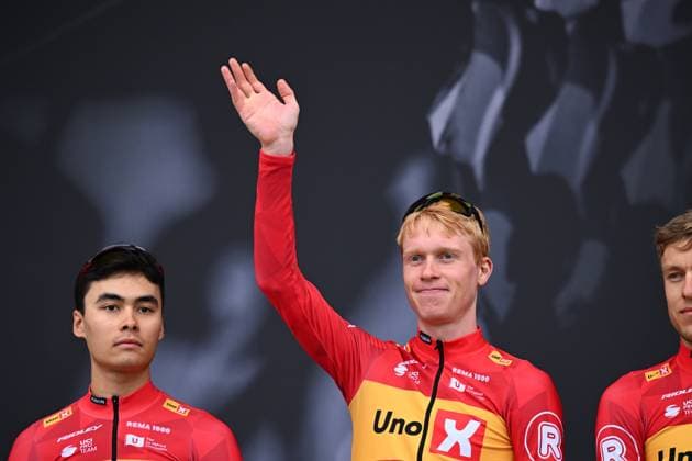 La Fleche Wallonne 2025 cycling race HUY, BELGIUM - APRIL 23 : Leknessund Andreas (NOR) of Uno-X Mobility on stage before the start of the race during the Men Elite UCI 1.Pro 89th A.S.O. La Fleche Wallonne cycling race with start in Ciney and finish in Huy (205,2 km) on April 23, 2025 in Huy, Belgium, 23 04 2025 ( Motordriver Guy De Vuyst & Huy Belgium  Copyright: xTomasxSiskx