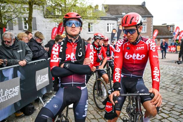 La Fleche Wallonne 2025 cycling race HUY, BELGIUM - APRIL 22 : Currie Logan (NZL) of Lotto and Gregaard Jonas (DEN) of Lotto before the start of the race during the Men Elite UCI 1.Pro 89th A.S.O. La Fleche Wallonne cycling race with start in Ciney and finish in Huy (205,2 km) on April 22, 2025 in Huy, Belgium, 22 04 2025 Huy Belgium  Copyright: xVincentxKalutx
