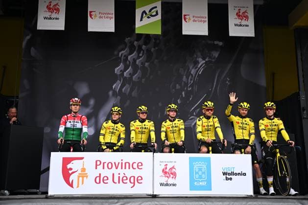 La Fleche Wallonne 2025 cycling race HUY, BELGIUM - APRIL 23 : Team Visma I Lease a Bike on stage before the start of the race during the Men Elite UCI 1.Pro 89th A.S.O. La Fleche Wallonne cycling race with start in Ciney and finish in Huy (205,2 km) on April 23, 2025 in Huy, Belgium, 23 04 2025 ( Motordriver Guy De Vuyst & Huy Belgium  Copyright: xTomasxSiskx