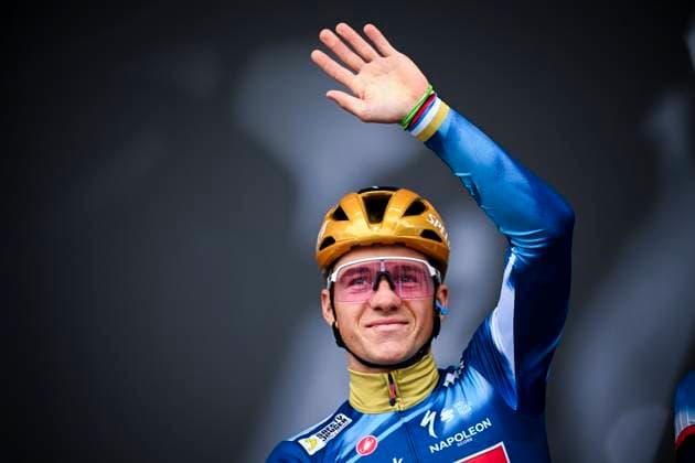 La Fleche Wallonne 2025 cycling race HUY, BELGIUM - APRIL 23 : Evenepoel Remco (BEL) of Soudal - Quick Step on stage before the start of the race during the Men Elite UCI 1.Pro 89th A.S.O. La Fleche Wallonne cycling race with start in Ciney and finish in Huy (205,2 km) on April 23, 2025 in Huy, Belgium, 23 04 2025 ( Motordriver Guy De Vuyst & Huy Belgium  Copyright: xTomasxSiskx
