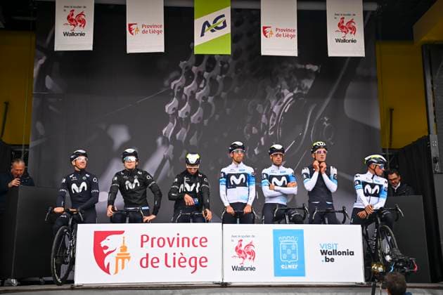 La Fleche Wallonne 2025 cycling race HUY, BELGIUM - APRIL 23 : Team Movistar on stage before the start of the race during the Men Elite UCI 1.Pro 89th A.S.O. La Fleche Wallonne cycling race with start in Ciney and finish in Huy (205,2 km) on April 23, 2025 in Huy, Belgium, 23 04 2025 ( Motordriver Guy De Vuyst & Huy Belgium  Copyright: xTomasxSiskx