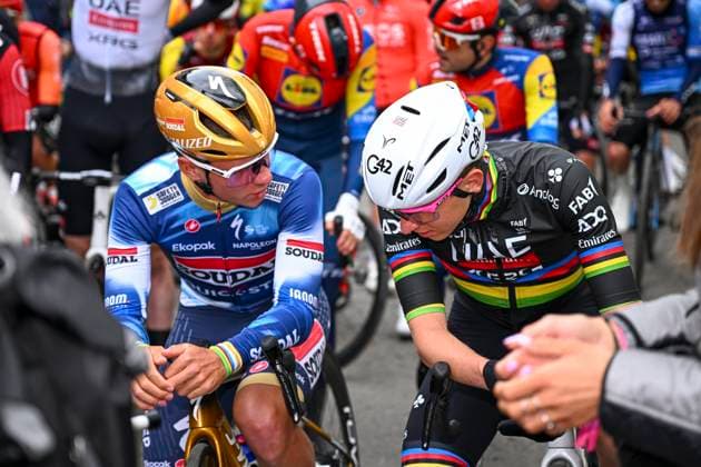 La Fleche Wallonne 2025 cycling race HUY, BELGIUM - APRIL 23 : Pogacar Tadej (SLO) of UAE Team Emirates - XRG and Evenepoel Remco (BEL) of Soudal - Quick Step before the start of the race during the Men Elite UCI 1.Pro 89th A.S.O. La Fleche Wallonne cycling race with start in Ciney and finish in Huy (205,2 km) on April 23, 2025 in Huy, Belgium, 23 04 2025 ( Motordriver Guy De Vuyst & Huy Belgium  Copyright: xTomasxSiskx